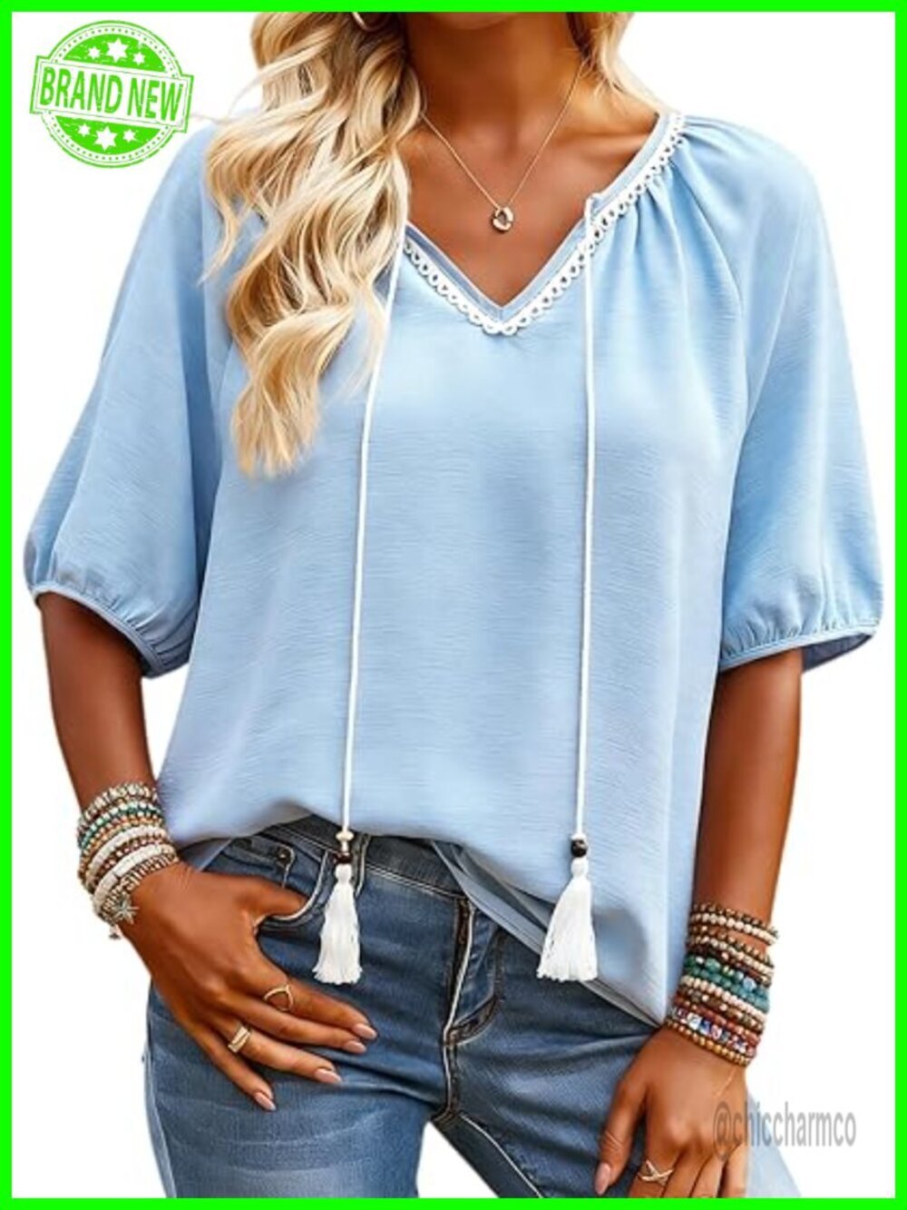 Boho Flowy Tassel Tie Front V Neck Short Sleeve Blouse Tunic